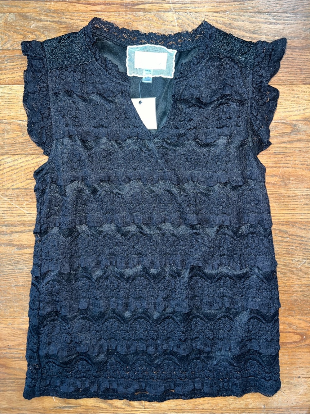 Cupio Blush Black Lace Ruffle Sleeve Blouse Sz Small NWT